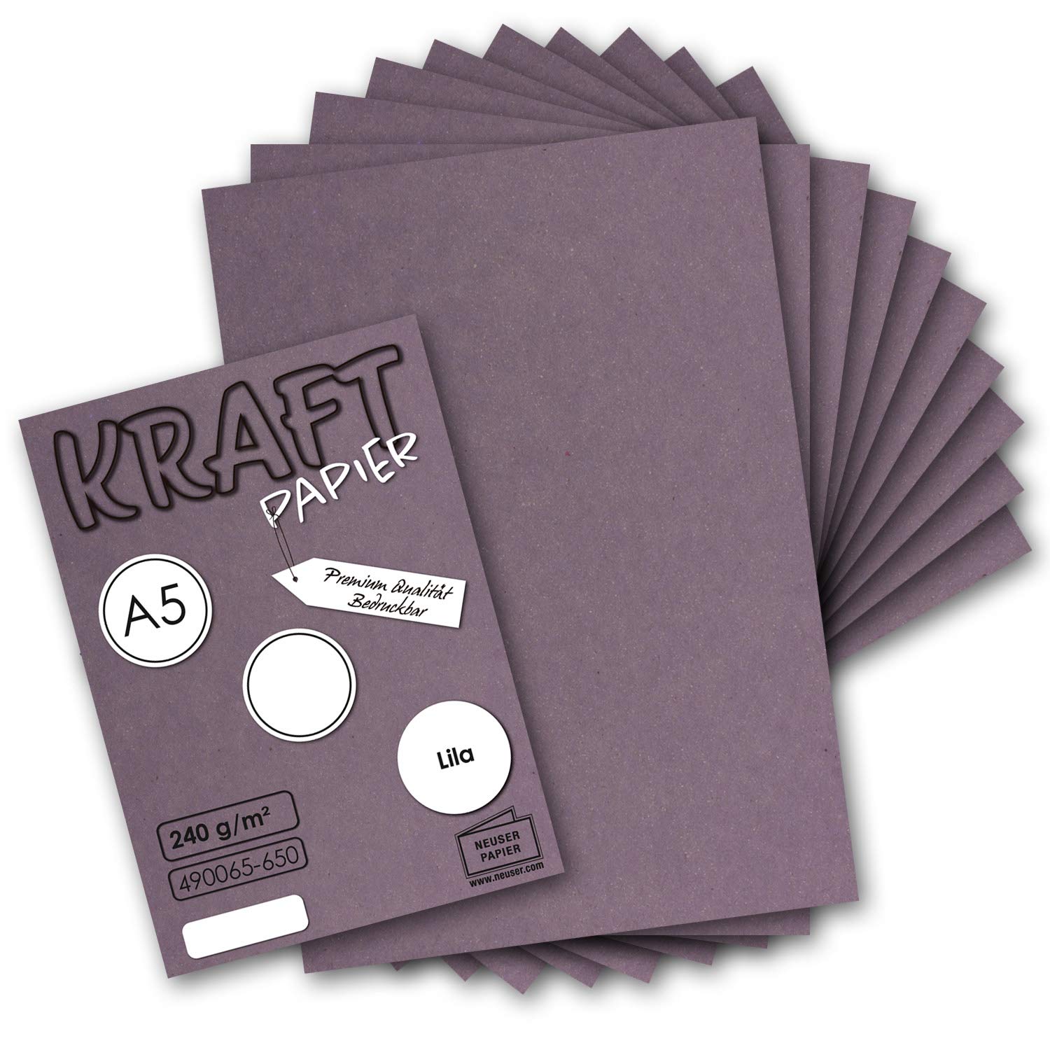 NEUSER PAPIER 100x Vintage Kraft paper in purple DIN A5-21 x 14.8 cm sustainable naturally colored purple recycled paper, ecological craft cardboard single card