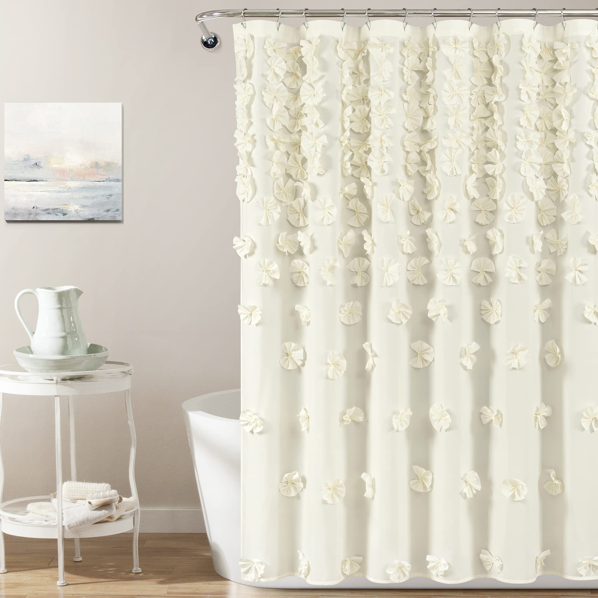 Lush Decor Riley Shower Curtain, 72" W x 72" L", Ivory - Bathroom Curtain - Coquette Decor - Bow Shower Curtains - Cottage Core - Fabric Shower Curtains Image