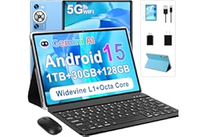 DEERTiME Android 15 Tablet 30GB RAM 128GB ROM 1TB TF, 2025 Electronics Tablets 10.1 Inch 8000mAh with Keyboard Mouse, 2.0GHz, 5G WiFi, BT 5.0, GMS Certified, Incell Display, Gemini AI - Metal Blue