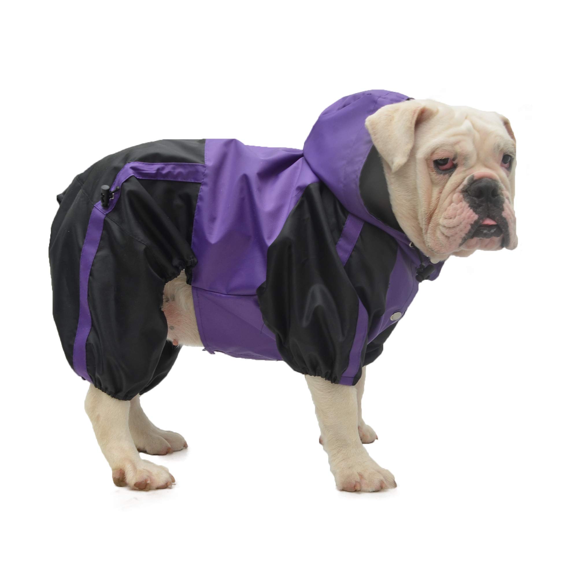 Lovelonglong American Bully Pitbull Dog Hooded Raincoat, Bulldog Rain Jacket Poncho Waterproof Clothes with Hood Breathable 4 Feet Four Legs Rain Coats for Pugs English French Bulldog Purple B-XL