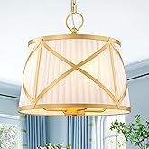 MENCOLULU Gold Drum Chandelier Dining Room Light Fixture White Pleated Fabric Shade 15.35" 4-Light Round Vintage Pendant Ligh
