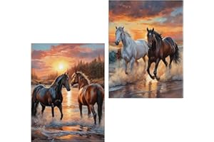 Meothan 2 Pack Diamond Painting Kits for Adults, 5D DIY Horse Diamond Art Kits for Adults Full Drill Round Paint Diamond Dots Gems Art Crafts Painting Kits for Home Wall Decor 12x16Inch Animals