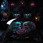 Tuzaovy Skull Bedding Set Twin Size,Goth Bedding Sets Twin with Comforter,Skull Comforter Set,Rose Comforter Halloween Skull Bed Comforter,Black Bedding Skull Quilt