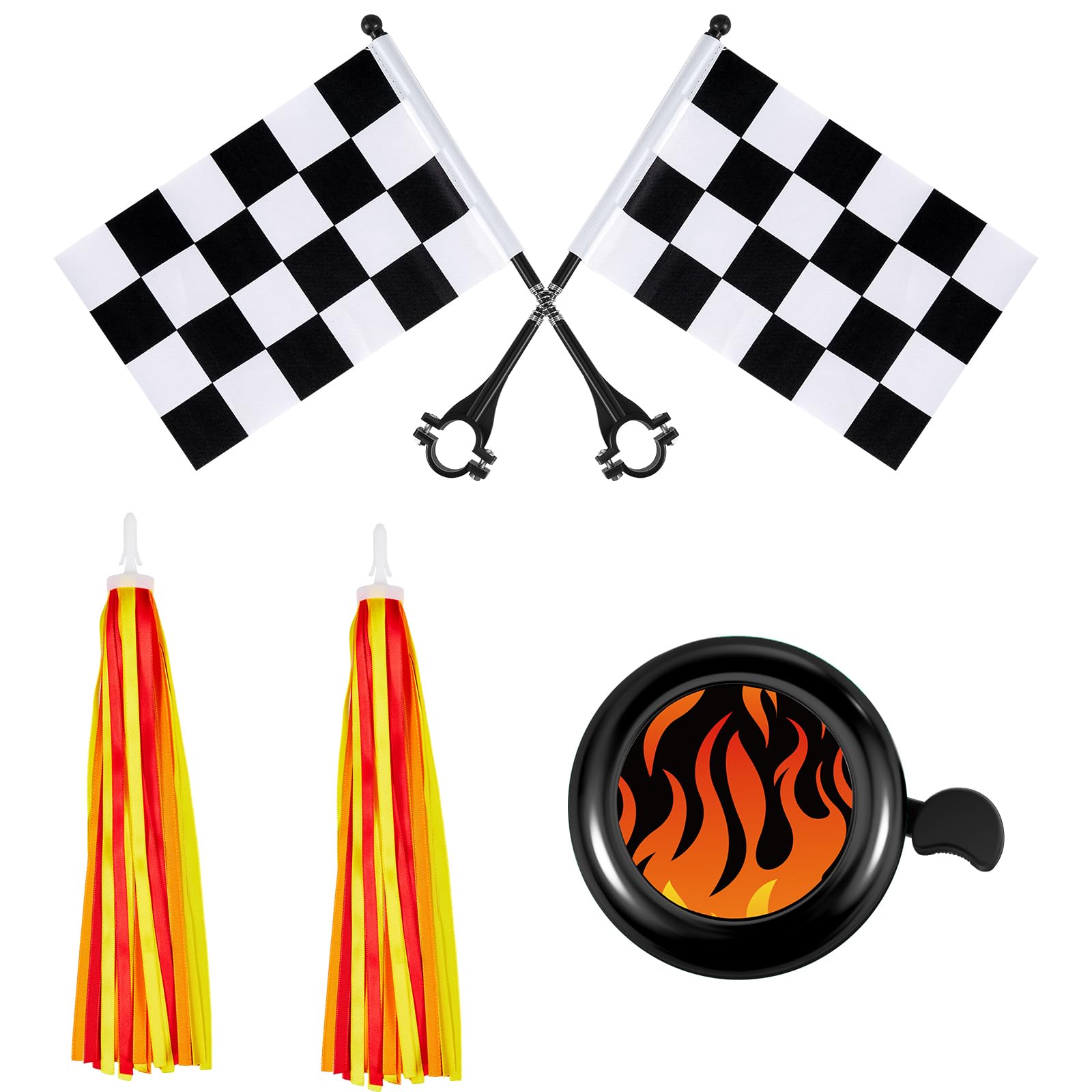 Photo 1 of Liliful 5 Pcs Kids Bike Accessories Sets Include 2 Pcs Flame Bike Tassel Streamers Bell 2 Black and White Checkered Flags Pinwheel Toddler Kids Boys Girls Gift Decoration Kit