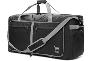 Bago Large Foldable Duffel Bags for Traveling Women & Men - 100L Packable Duffle Bag for Travel with Shoe Compartment - Water Repellant, Heavy Duty, Lightweight Folding & Collapsible (Black)