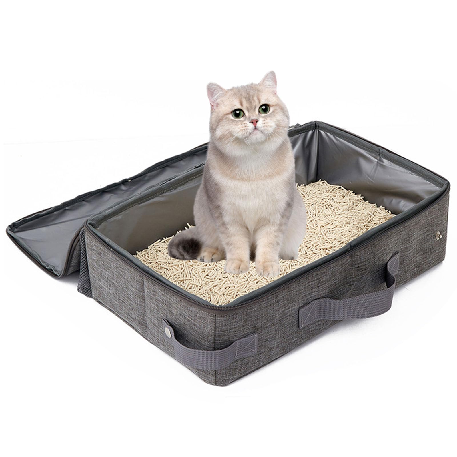 Travel Cat Litter Box, Leak-Proof, Waterproof Bottom, Foldable Portable Litter Box with Lid and Handle for Medium Cats and Kitties, Standard Cat Toilet with a Scoop for Hotel/Lawn/Car Travel