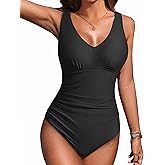 AI'MAGE Women's One Piece Swimsuit Tummy Control V Neck Ruched Bathing Suits Adjustable Straps Monokini Cross Back Swimwear