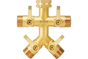 EBH Brass Garden Hose Splitter Full Flow, Outdoor Faucet Heavy Duty Hose Splitter 4 Way High Flow, 3/4-Inch Multi-Angle Spout with 4 Individual On/Off Valve and Extended Handle