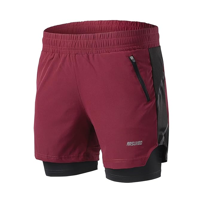Buy ARSUXEO Men's 2 in 1 Active Running Shorts with 2 Zipper Pockets B191 Red Size XX-Large at 