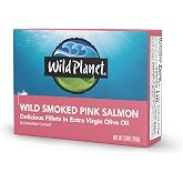 Wild Planet Smoked Pink Salmon Fillets in EVOO, 3.9 Oz Can, Pack of 1 | Sustainably Caught Canned Salmon in Extra Virgin Olive Oil. Non-GMO, Gluten Free, Kosher, Dairy Free, Keto &amp; Paleo Friendly