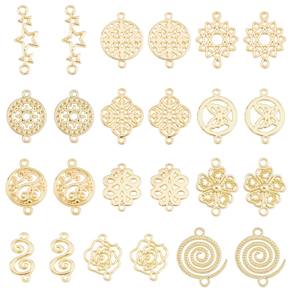 SUPERFINDINGS 24Pcs 12 Style Baroque Style Links Connectors Gold Double Hole Pendant Flower Flat Round Chinese Knot Connector Charms for DIY Jewelry Making hole: 1.2~2mm