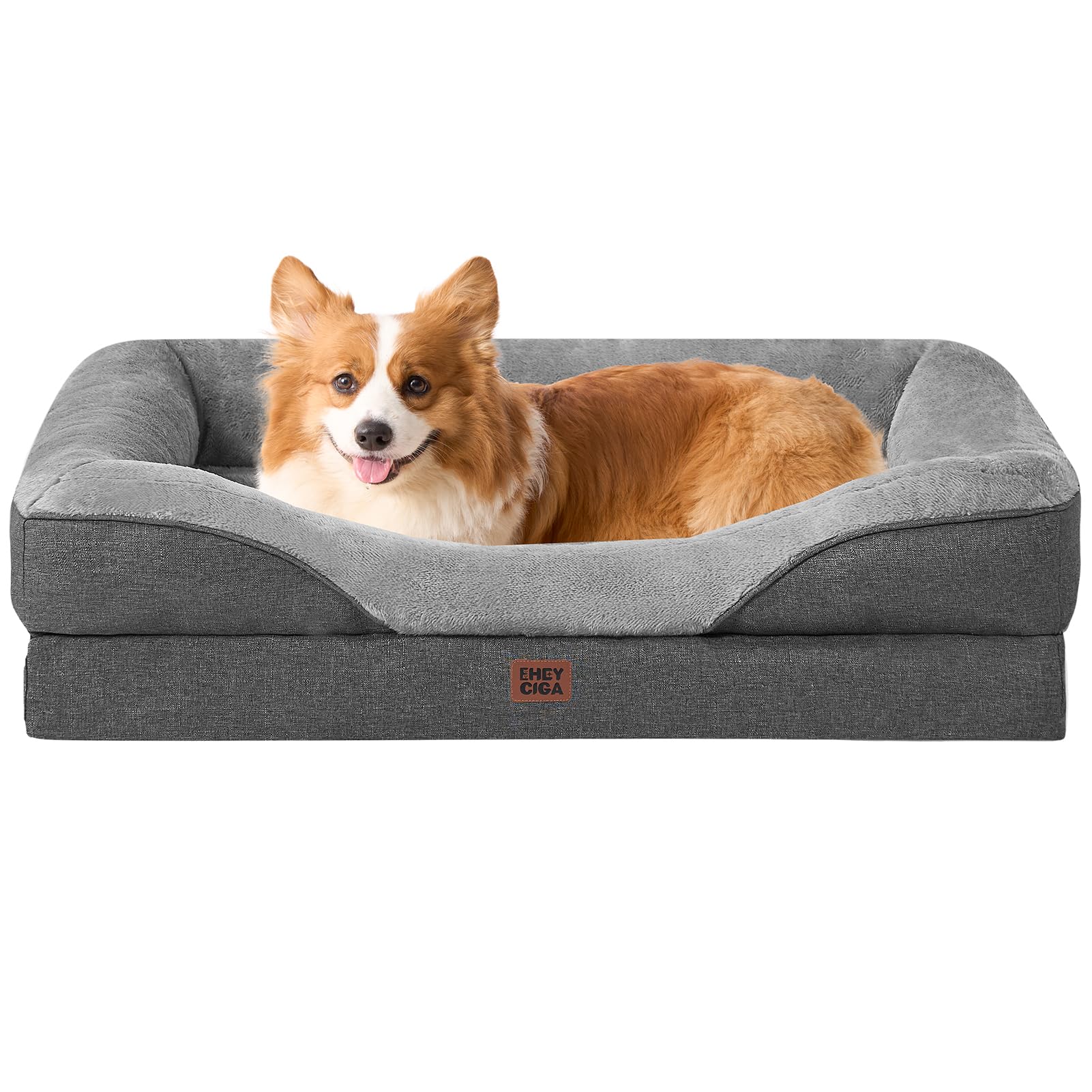 Photo 1 of EHEYCIGA Memory Foam Dog Bed for Medium Size, Orthopedic Dog Sofa with Sides and Waterproof Liner, Washable Bolster Pet Couch with Removable Cover, 35x22x6.5 Inch, Grey