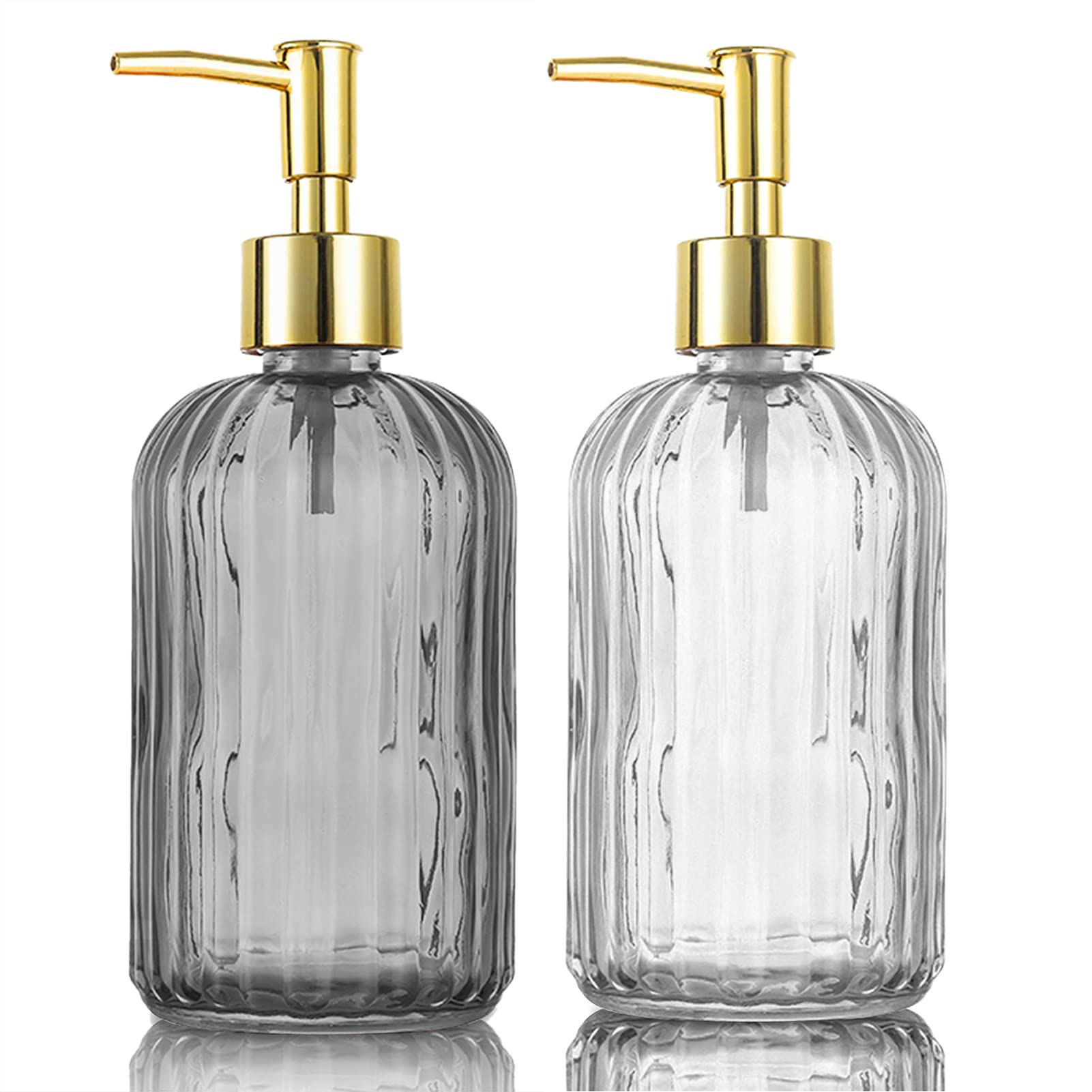 HOHAOO Versatile Glass Soap Dispenser Bottle with Pump, 14 Oz Dripless Pump Bottle, Refillable Liquid Hand Jar Dispenser for Bathroom, Countertop, Kitchen, Laundry Room(1 Pack Grey, 1 Pack Clear)