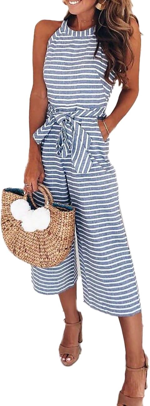 DUBACH Women Casual Striped Sleeveless Short Romper Jumpsuit