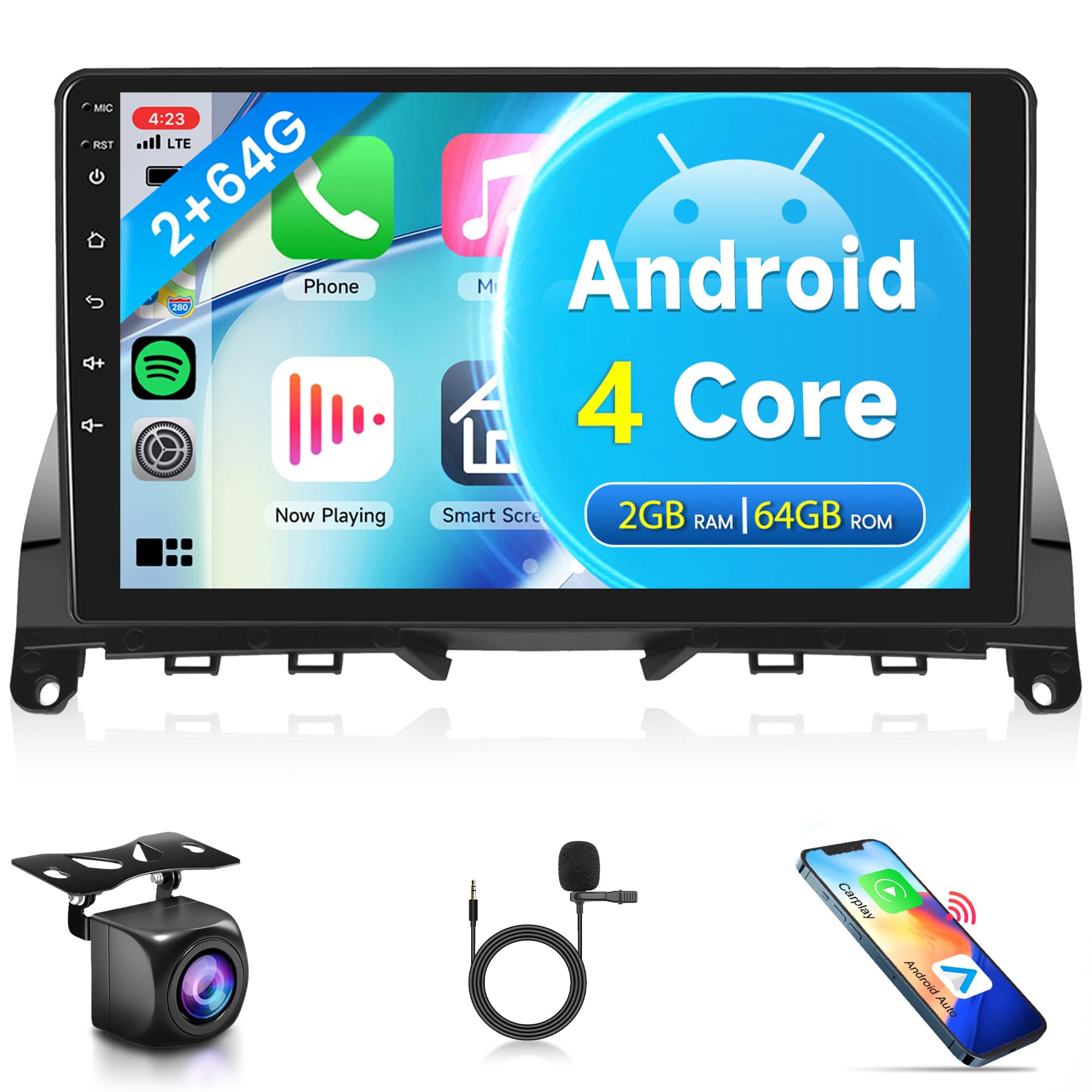Photo 1 of 4Core 2G+64G Android Car Stereo Radio for Mercedes Benz C-Class C180 C200 C230 C250 C300 C350 W204 S204 2006-2011, Rimoody 9'' Touchscreen Carplay Android auto Mirror Link GPS WiFi BT/FM/RDS