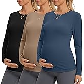 Sweetyweee 3 Pack Maternity Workout Shirts Long Sleeve Pregnancy Yoga Tops Crew Neck Slim Fit Maternity Athletic Clothes