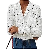 Verdusa Women's Polka Dots Button Down Blouse Long Sleeve Collar V Neck Work Office Dressy Shirts