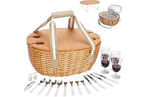 STBoo Picnic Basket for 4 - Wicker Picnic Set with Wine Table | Gift Basket Kit with Insulated Cooler Bag for Camping, Outdoor, Christmas, Party(Beige)