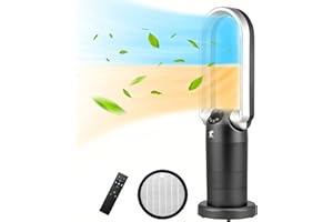 OCEAN LOONG OceanLoong Space Heater & Bladeless Tower Fan All Season for Home, 1500W Eco Electric Heater with Adjustable Thermostat, Tip-Over Switch, Remote Control, Timer, Oscillating, Tilt Head, 29” Grey, AB01