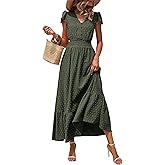 PRETTYGARDEN Womens Dresses 2026 Summer Maxi Dress Boho Short Sleeve V Neck Swiss Dot Ruffle Tiered Smocked Flowy Long Dress