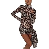JUMISEE Women's Sheer Mesh Leopard Mini Dress Sexy Turtleneck Long Sleeve Short Dress Tie Waist Beach Cover Up Dresses