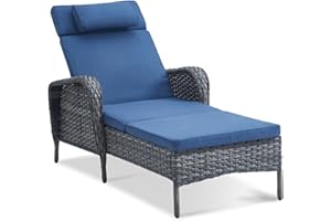 Belord Outdoor Chaise Lounge Patio Recliner - 75 Inch Adjustable Wicker Chaise Lounge with Soft Pillow Removable Cushions, All Weather Rattan Pool Lounge Chair for Poolside Deck Grey/Blue