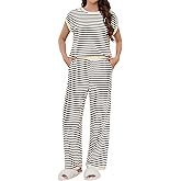 Pajama Sets for Women 2 Piece Striped Short Sleeve Pj Lounge Set Crew Neck Tops&Pants Fall Soft Sleepwear with Pockets