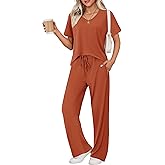 Ekouaer Women's 2 Piece Lounge Set Casual Summer Outfits Ribbed Short Sleeve & Wide Leg Pants Matching Set for Travel Home