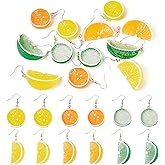 6 Pairs Fruit Earrings for Women, Cute 3D Lime Lemon Earrings, Lovely Resin Orange Tangerine Drop Earring for Summer Suffer Beach Jewelry Making