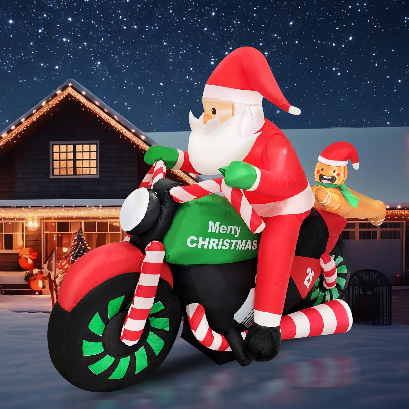 Photo 1 of **SELLING FOR PARTS**6FT Christmas Decoration Inflatable Santa Riding Motorcycle with Gingerbread Man Lighted Blow Up Santa Claus Outdoor Decor for Holiday, Party, Yard, Lawn, Garden, Winter Festive Display Fun