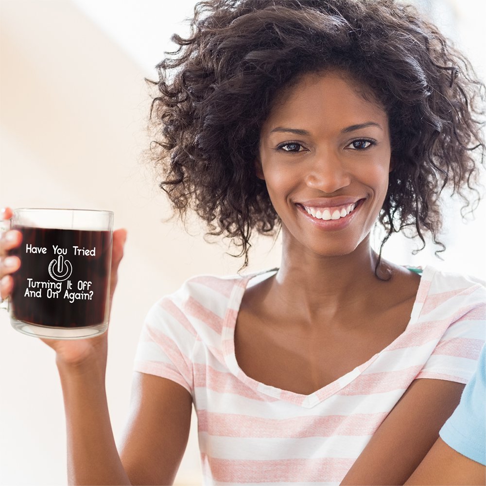 Funny Coffee Mugs Glass Coffee Mug Makes a Great Gift for Fans of The IT Crowd Have You Tried Turning it Off and On Again 