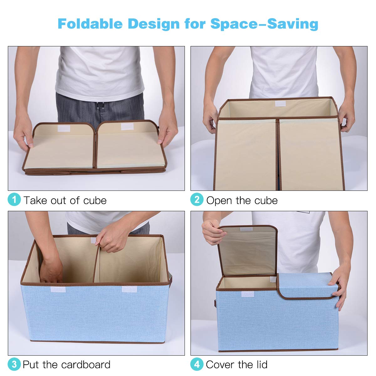 Storage Boxes Set of 3, Large Cotton Fabric Foldable Cube Organiser Bins Baskets with Lids and Handles Container Clothes Blankets for Home, office and Laundry Organization (Light Grey & Sky Blue)