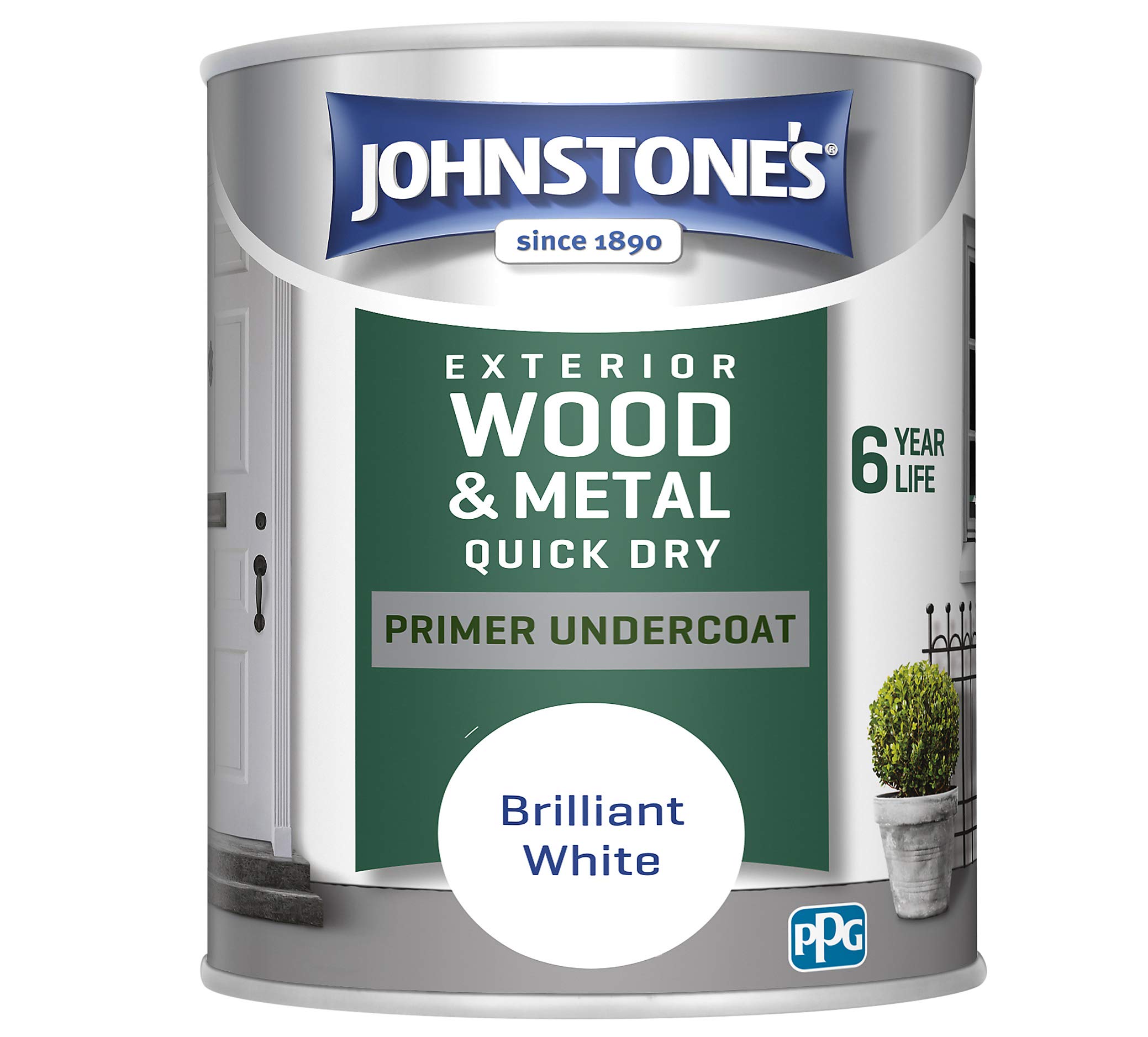 Johnstone's - Quick Dry Gloss Exterior Primer Undercoat - Brilliant White - Gloss Finish - Weather Protection - Resistant to cracking & peeling - 6 years of Life - 12m2 Coverage per Litre - 0.75 L