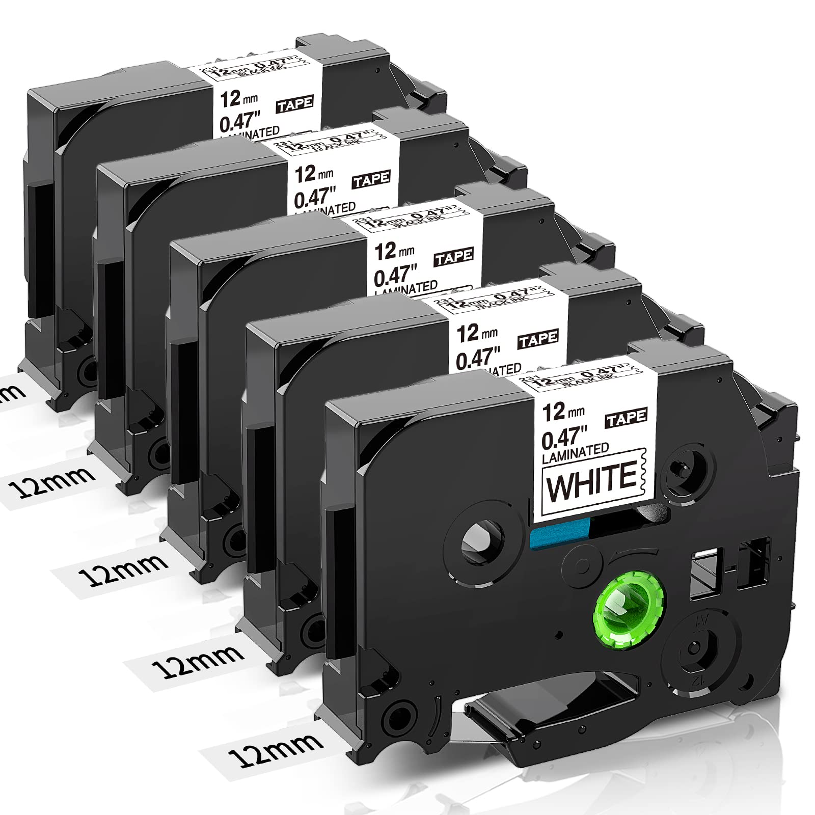 COLORWING Compatible Brother P-Touch TZe-231 0.47'' Laminated Tape for PT-H110 GT-H105 PT-P300bt Label Maker, Black on White, 5-Pack