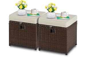 YIYAN 2 Pieces Outdoor Patio Ottomans, PE Rattan Foot Stool with Storage All Weather Outdoor Ottomans Footrest Seat with Removable Cushion(White)