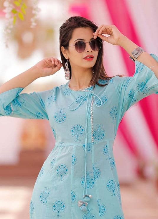 Cotton Gota Patti Tassel Traditional Printed Kurti with Pant,Angrakha Salwar Suits