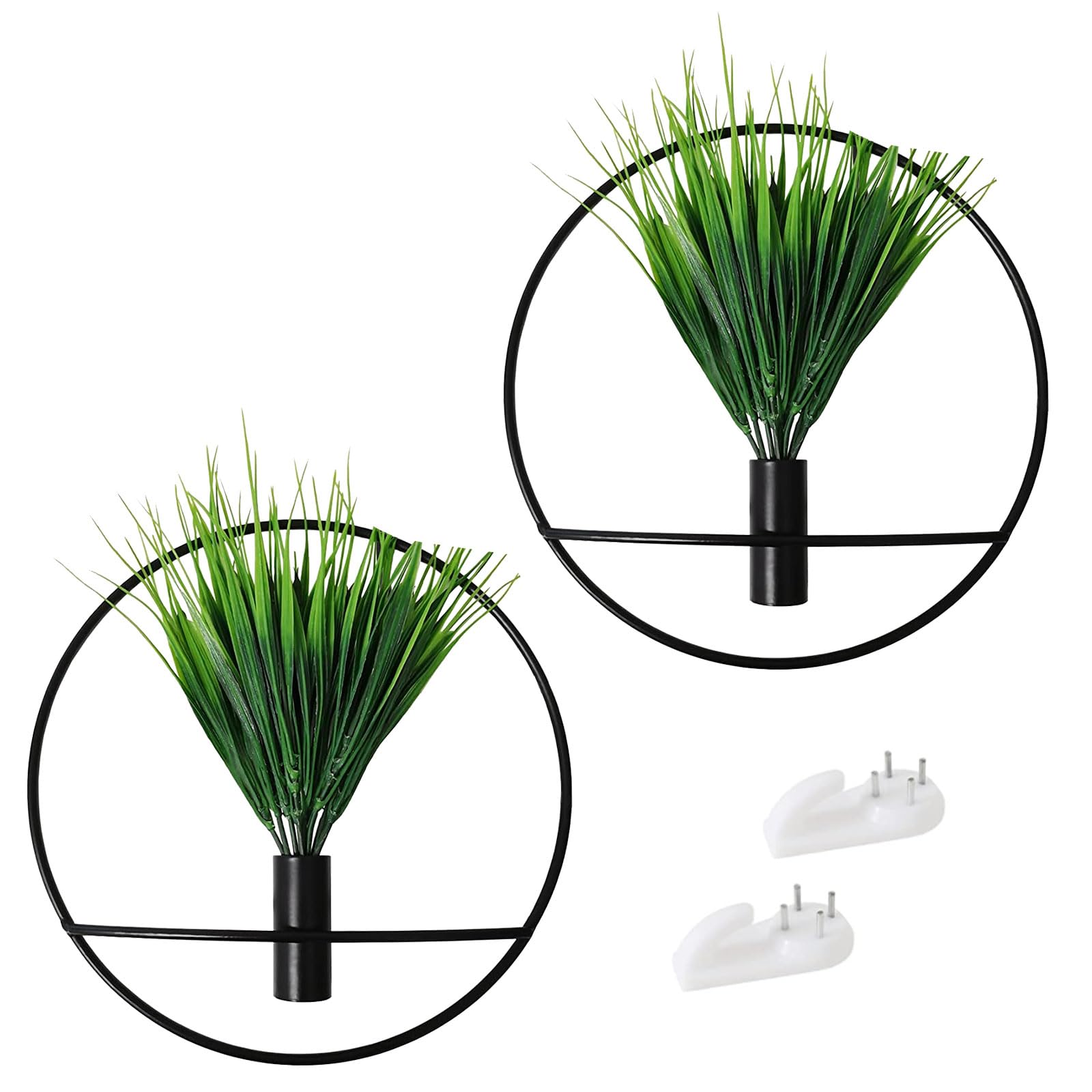 2pcs Wall Hanging Plants Indoor, Wall Mounted Artificial Plants Indoor With Round Matt Frame Faux Wall Plants For Indoors, Hanging Planter With Artificial Plants For Modern Black Wall Decoration