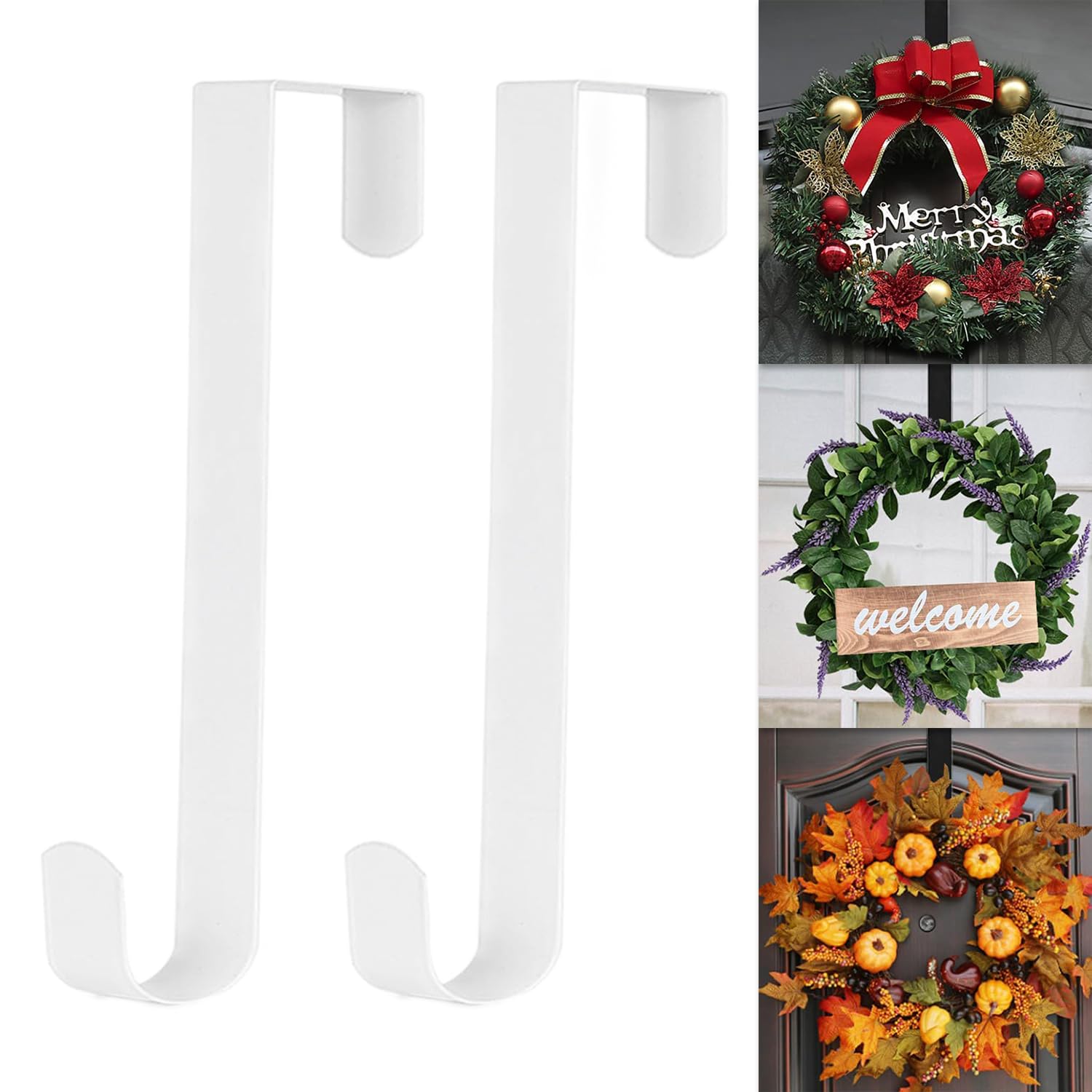 2Pcs Christmas Wreath Door Hanger, 15in White Metal Wreath Reef Door Hanger Hook Snowflake Decor Hook for Xmas Party Decor Door Wall Home Office (White)