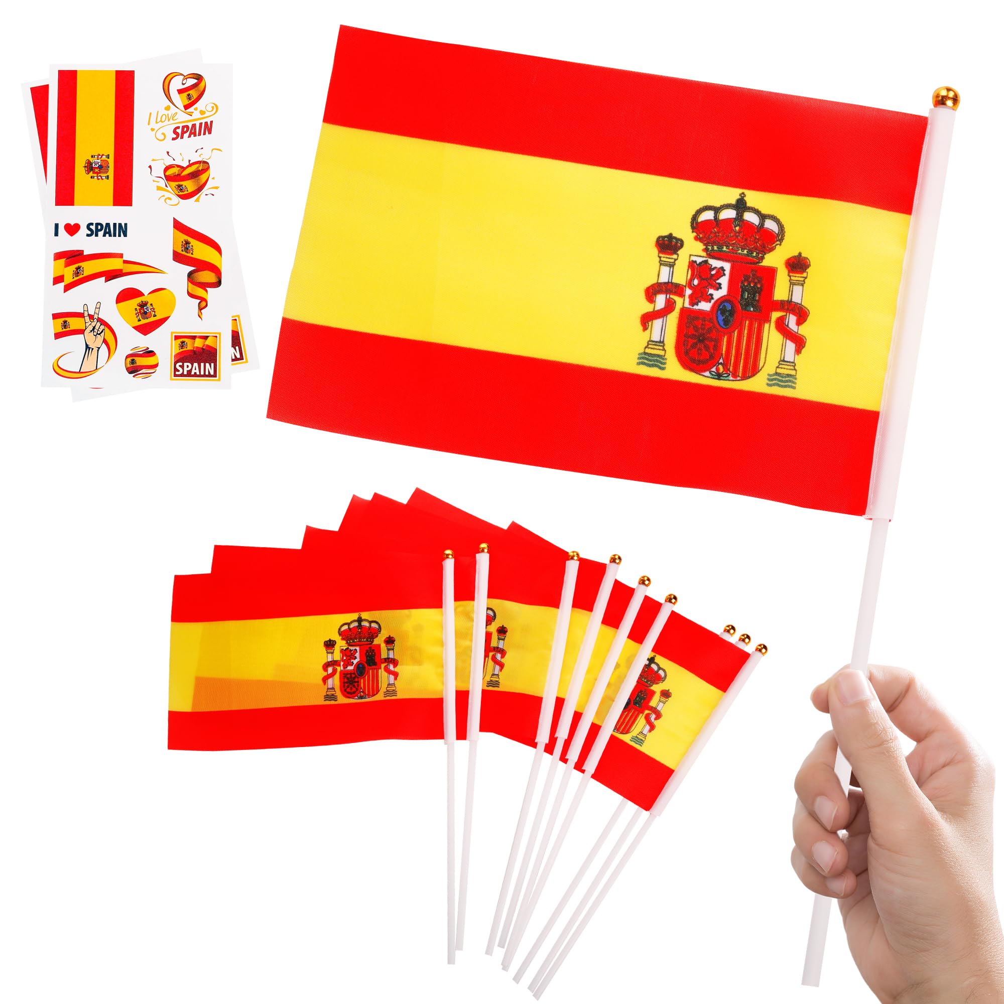 10pcs Mini Spain Flags on Sticks & 2pcs Tattoos, Small Spainish Flag Spainish Decorations Hand Held Flags for World Cup 2026 Football Sports Events Party Decoration, Double-Sided Spain Flag