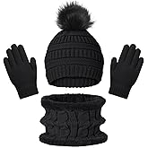 Kids Winter Beanie Hat Scarf Gloves Set for 3-8 Years Old Boys Girls, Thick Warm Knitted Hat Gloves Fleece Lined Scarf Set