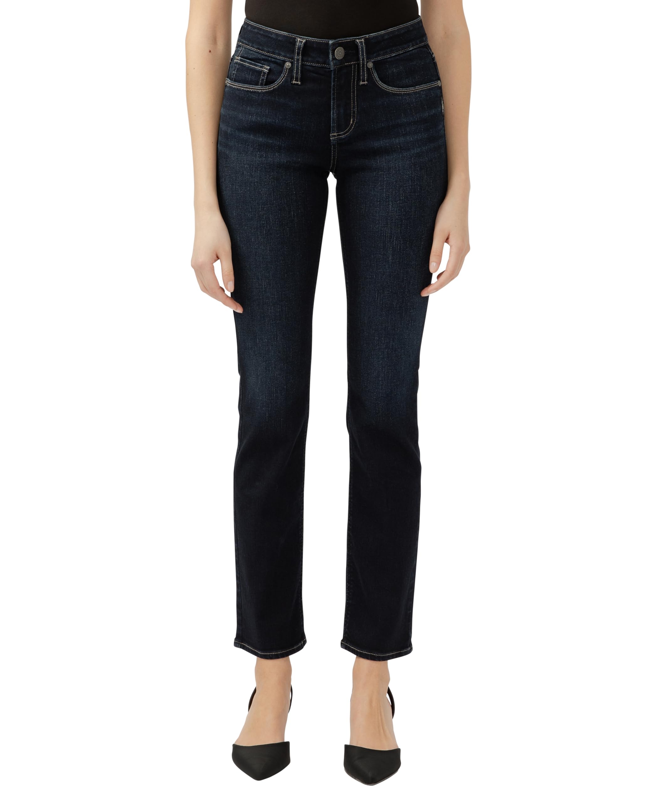 Silver Jeans Co. Women’s Suki Mid Rise Curvy Fit Straight Leg Jeans, Dark Wash