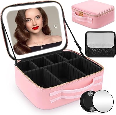 Suupvaor Travel Makeup Bag with LED Mirror 2-Layer Adjustable Compartments