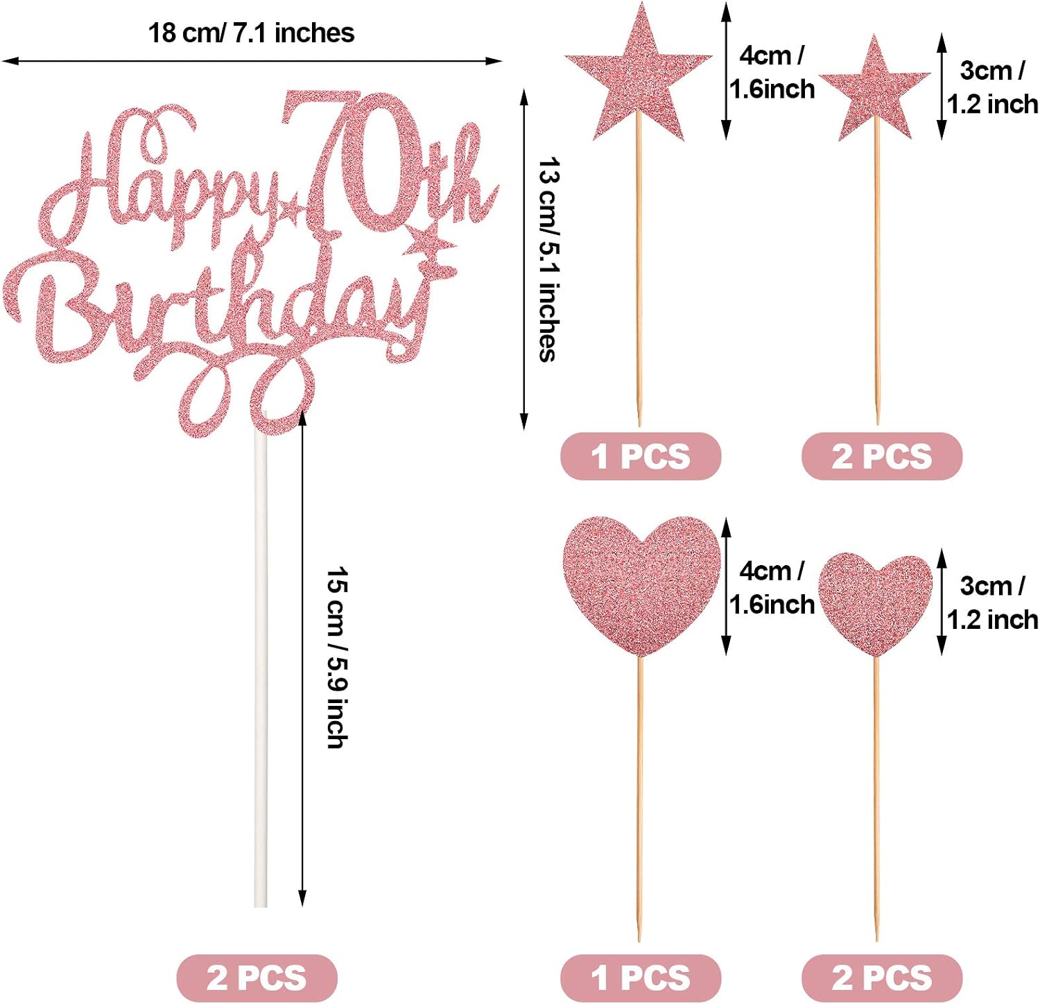 Boao 8 Pcs Happy 70th Birthday Cake Toppers Sets Include 2 Rose Gold Cake Pick Star 3 Heart Decor Personalised Glitter Birthday Party Decorations for Women Mum - Image 3