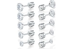 VOLUKA 5 Pairs 316L Stainless Steel Screw Flat Back Earrings Cubic Zirconia Stud Earrings Titanium Earrings for Women Men