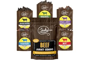 Jerky.com Beef Jerky Sampler Pack – 5 Flavors (Original, Black Pepper, Teriyaki, Sweet & Spicy, Hot) – Premium Meat Snack, No MSG, High-Protein Gift for Men (5 Flavors - 1 oz. bags)