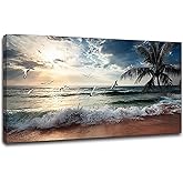 Yxbhhym Large Canvas Wall Art Beach Ocean Prints Art Coast Sunset Sea Paintings Poster Scenery Picture Palm Artwork for Wall Art Living Room Bedroom Office Decorations Framed-30x60inches