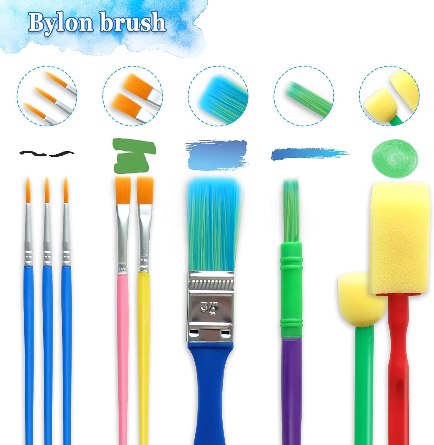 Hanyousheng Kids Paint Brushes, Colorful Paint Brushes, 9 Pcs Childrens Paint Brushes Set, 2 Sponge Paint Brushes - Image 5