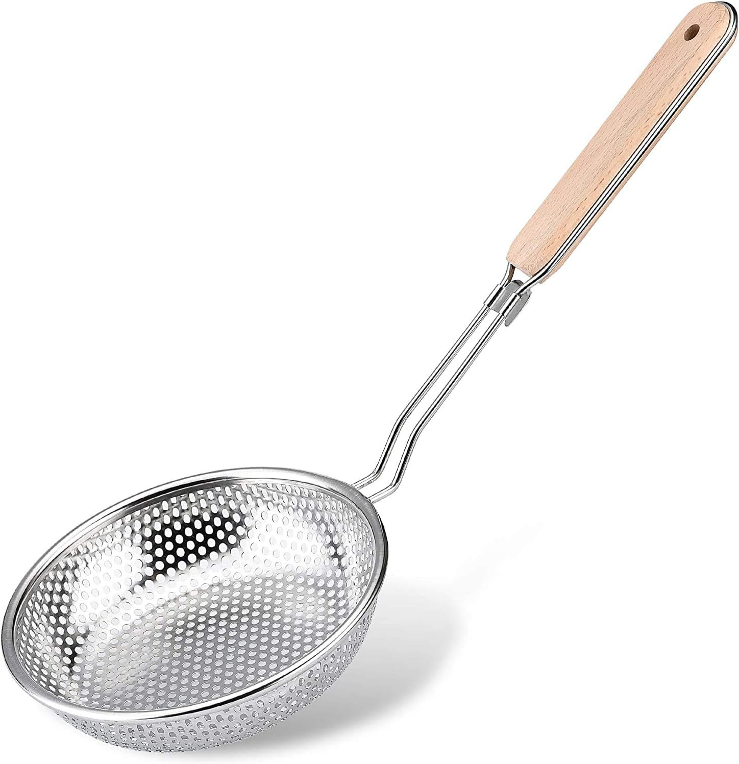 TENTA TENTA KITCHEN Stainless Steel Micro-Perforated Skimmer Strainer,Pasta Noodle Net Basket with Bamboo Handle(25 Ounce)