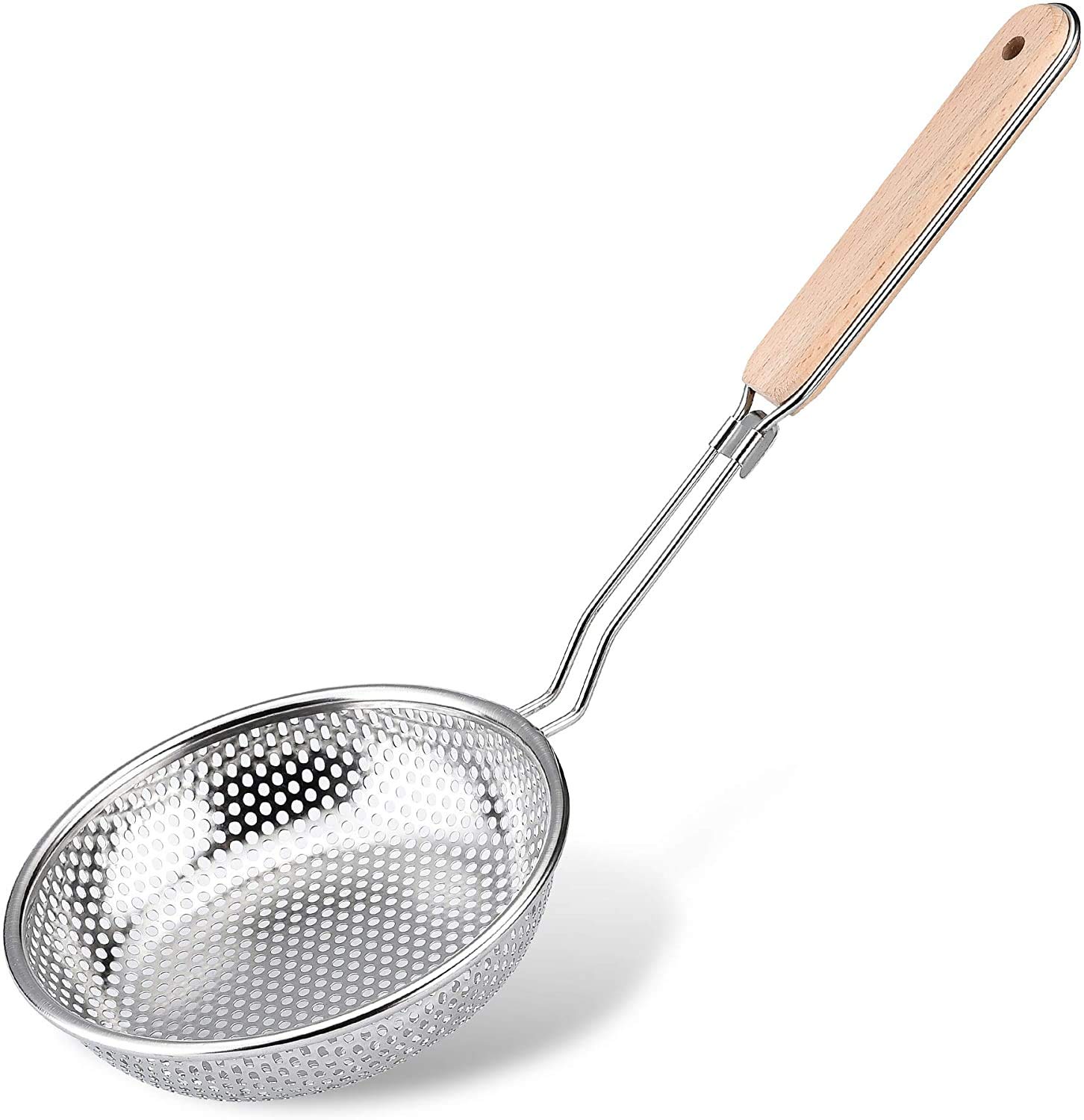 TENTA TENTA KITCHEN Stainless Steel Micro-Perforated Skimmer Strainer,Pasta Noodle Net Basket with Bamboo Handle(25 Ounce)