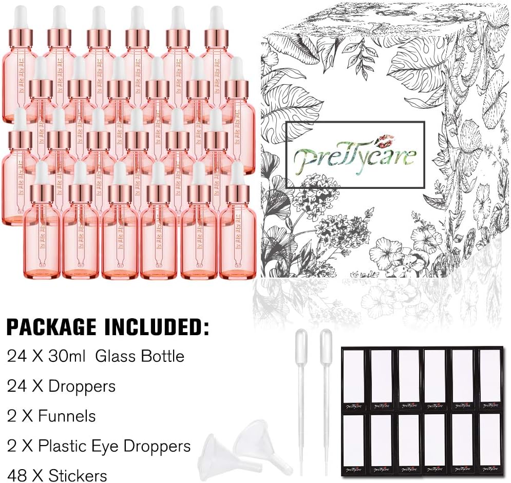 PrettyCare Eye Dropper Bottle 1 oz (24 Pack Rose Glass Bottles 30ml with Measured Pipettes, Golden Caps & 48 Labels, Funnel ) Empty Tincture Bottles for Essential Oils, Perfume: Home Improvement
